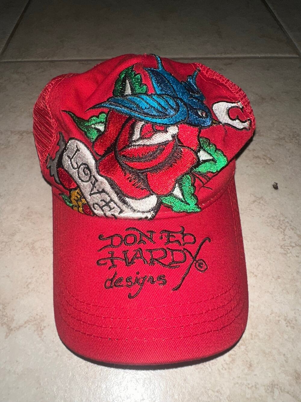 Ed Hardy Love Kills Trucker Hat Red Rose Swallow Embroidered Y2K Snapback